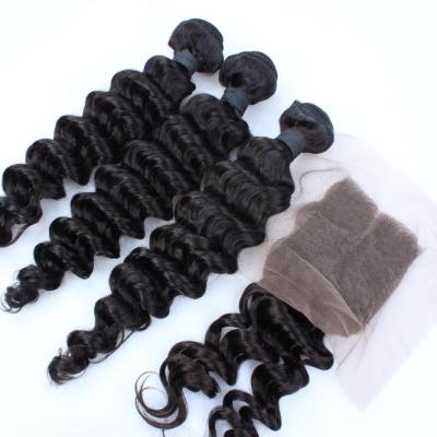 China brazilian hair deep wave natural color virgin hair bundles with lace frontal closure for sale