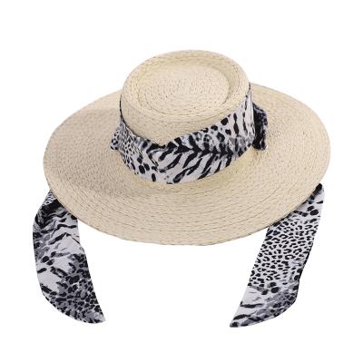 China High Quality Checked Straw Hat With Elegant Leopard Pattern Ribbon Ladies Plain Dyed Straw Hat Straw Top Hat for sale