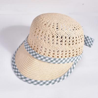 China Checked 2022 Fashion Style Lattice Ribbon Bow Border Decoration Hollow Out Visor Straw Hats for sale