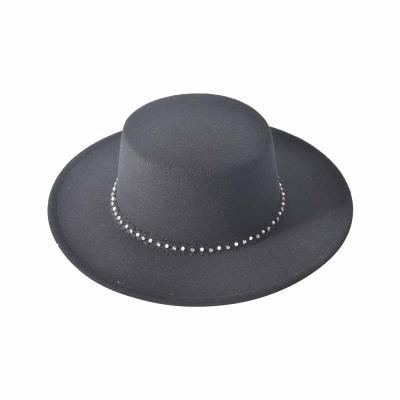 China Checked Classic Felt Cropped Hat Flipped With Rhinestone Black Ribbon Felt Fedora Floppy Hat for sale