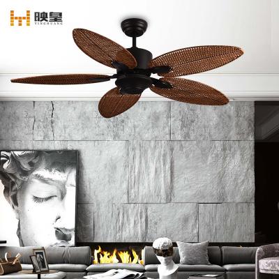 China Smart Control 52 Inches Classic Indoor Living Room Hotel Decorative Hand Woven Rattan Slats Ceiling Fans for sale