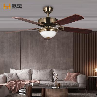 China Smart Control 52 Inch Energy Efficient LED Ceiling Fan with Wood Blades and White Glass Light Bowl for sale