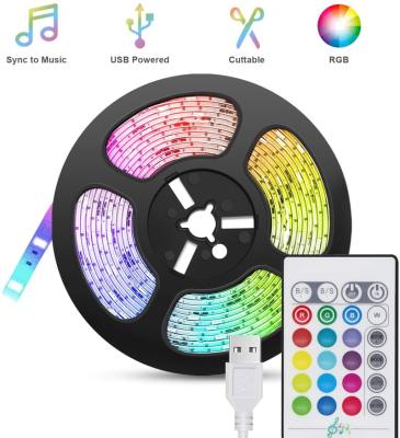 China Residential 5M LED Strip Light Music Sync With Remote Cuttable RGB 5050 Color Changing TV Backlights USB Powered for sale