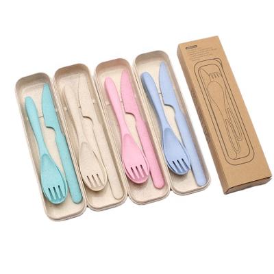 China Sustainable Portable Cutlery Plastic Utensils Set Baby Kids Dinner Biodegradable Colorful Wheat Straw With Case for sale