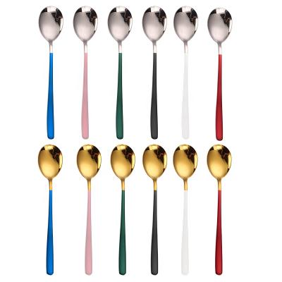 China Durable Long Handle 304 Stainless Steel Color Plated Handle Tea Ice Cream Teaspoon Round Korean Soup Spoon for sale