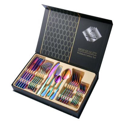 China High Quality Disposable Stainless Steel Cutlery Set Colorful Mirror Polishing 24pcs With Gift Box for sale