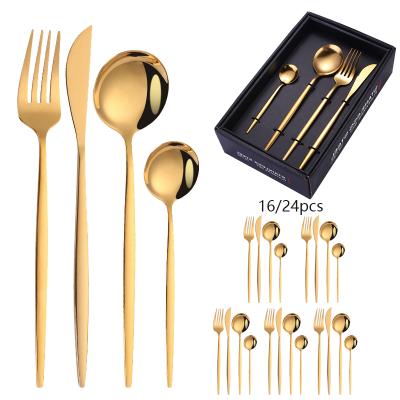 China 16 Piece Cutlery Set Flat Dinnerware Spoon and Forks Viable Knives, Stainless Steel Gold Colored Cutlery 24pcs Set for sale