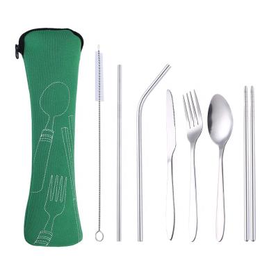 China Durable Outdoor Portable Picnic Stainless Steel Tableware With Bag Knife Fork Spoon Chopsticks Straws 6 Pieces Portable Cutlery Set for sale