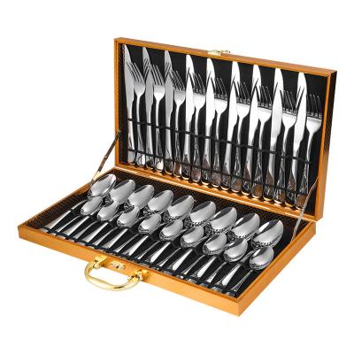 China 36 Pcs Sustainable 1010 Gold Plated Cutlery Set With Wooden Box Stainless Steel Cutlery Set Spoon Knife Fork Set Gold Modern Flatware for sale