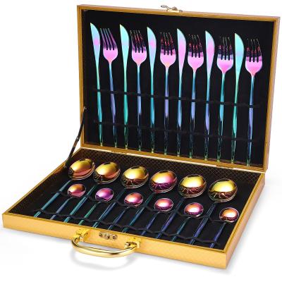 China Sustainable Amazon Utensil Fork Knife Spoon Gold Black Flatware Stainless Steel Cutlery 24pcs Set With Wooden Box for sale