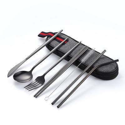 China Sustainable Portable 7 Piece Stainless Steel Flatware Set, Travel Camping Cutlery Set With Metal Drinking Straw for sale