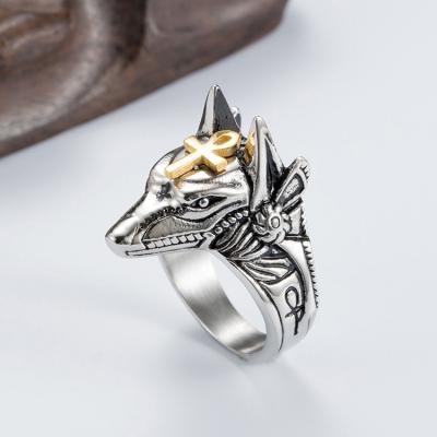 China Vintage Retro God Anubis Broken Window Self-Defense Titanium Steel Rings Ancient Egyptian Death Jackal Head Ring for sale