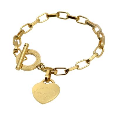 China CLASSIC 18K Gold Plated Heart Chain Bracelet Titanium Stainless Steel Forever Love Letter Charm Bangle Bracelet for sale