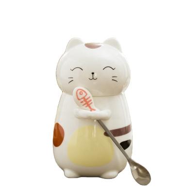 China Viable Couples Mug Design Set Fashion Cute Cute 3d Cat Shaped Ceramic Mug With Spoon And Lid for sale