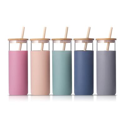 China Sustainable Custom Wholesale Natural Bamboo Straw And Lid Glass Water Bottle With Silicon Sleeve for sale