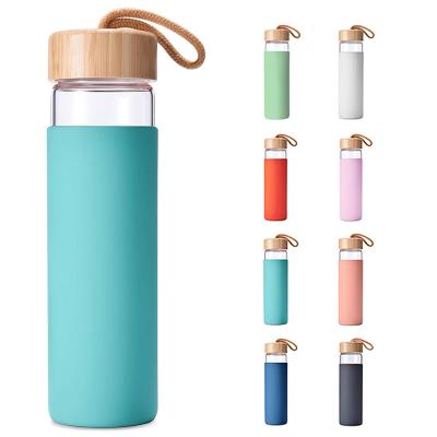 China Viable Glass Water Bottle With Silicone Sleeve Water Bottles With Bamboo Lid Water Bottle Glass Borosilicate for sale