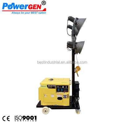 China The cheapest price! ! ! POWERGEN 4.8M Movable Lighting Tower With Metal Halide Lamp 4x400W Night Scanning Light Tower Generator 5KW 4x25000lumen for sale