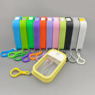 China 50ml PETG Cosmetic Credit Card Refillable Pouch Type Plastic Spray Bottle With Silicone Case And Funnel for sale