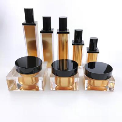 China Brown Color Cosmetic Square Square Replaceable Inner Acrylic Lotion Pump Vacuum Bottle And Cosmetic Jars Container Set for sale