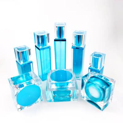 China 15/30/50ml Sky Blue Cosmetic Square Pump Bottles And Acrylic Plastic Airless Skin Care Cream Jar Sets for sale