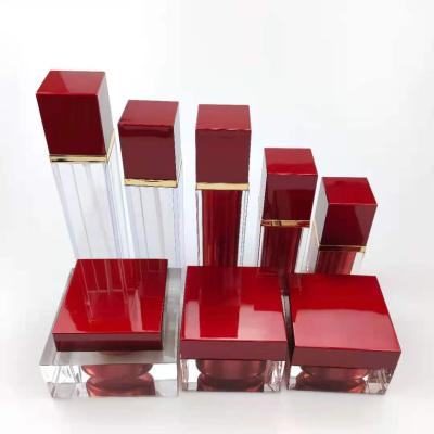 China High Grade Square Cosmetic Acrylic Cosmetic Packaging Square Red Cream Jar 30g50g And 15ml30ml50ml Airless Bottles for sale