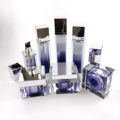 China Gradient Square Purple Cosmetics Acrylic Airless Pump Lotion Bottle And Facial Cream Jars Set for sale