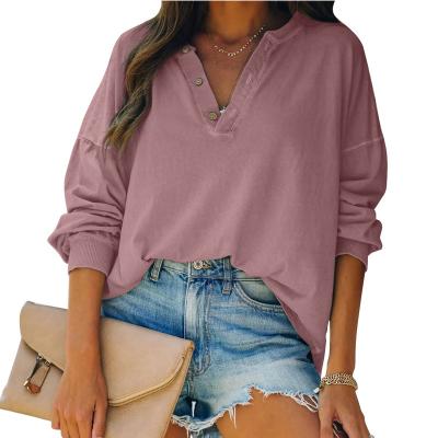 China Breathable Solid Casual Buttoned V-Neck Cotton Loose Fit T-Shirt Long Sleeve Tops For Women for sale