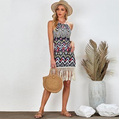 China Breathable High Quality Aztec Geometric Sexy Open Halter Mini Dress Vintage Dresses Vintage Dresses for sale