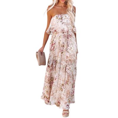 China Hot Sale Breathable Chiffon Floral Print Modest Strapless Dresses Maxi Long Dress 2022 for sale