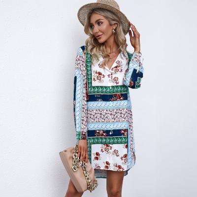 China Breathable High Quality Colorblock Women Long Sleeve Dress Female Korean Floral Shirt Dress for sale