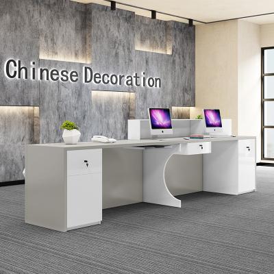 China EUROPEAN Custom Design Standing Wooden Modern Business Front Hotel Reception Desks White Acrylic Metal Customized for sale