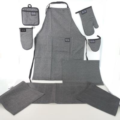 China Hot Selling Durable Or Heat Resistant Stone Denim Style Wash Kitchen Apron Oven Mitt Set With Neoprene Pot Holder for sale