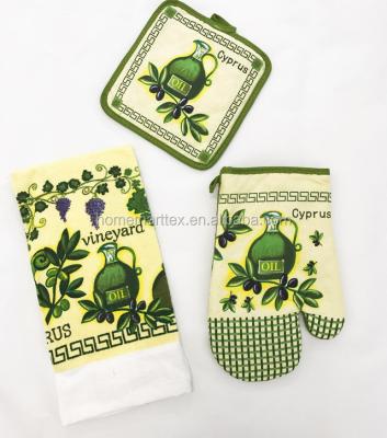 China 3 PCs Kitchen Set Heat Resistant Simple Cotton Printed Oven Mitt Pot Holder Set for sale