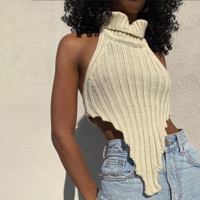 China New Design Street Wear Women Breathable Fashionable Clothing Neck Irregular Ins Ladies Knitted Solid Top Fashionable Crop Women Beach Tops for sale