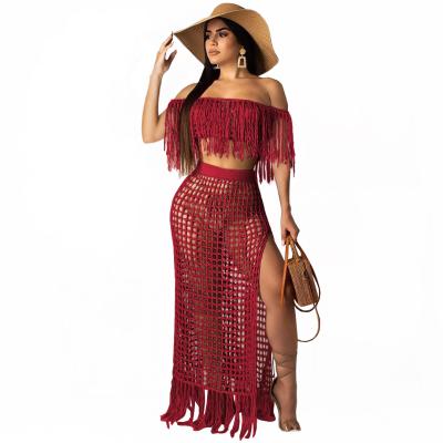 China QUICK DRY QUICK DRY Women's Dress Beach Sleeveless Casual Dress Set Hollow Out Two Piece Dress Women's Solid Color Tassels Two Piece Set for sale