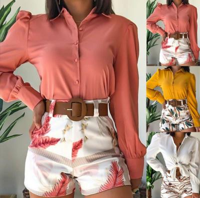 China 2022 Trends 2 Piece Bodycon Shorts Summer QUICK DRY QUICK DRY Sets For Women Solid Shirt Floral Shorts Sets Women Summer Two Piece Set Clothing for sale