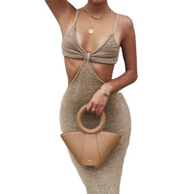 China Sexy Breathable Breathable Summer Dresses 2021 Solid Color Elegant Halter Hollow Out Crop Top Dress Sexy Elegant Dresses Wear Nightclub Women for sale