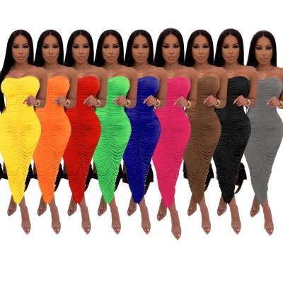 China Wholesale Women's Spandex Dress Strapless Ladies Green Nude Tight Sexy Club Dress Anti-Static Ruched Sleeveless Cheap Bodycon Club Dresses for sale