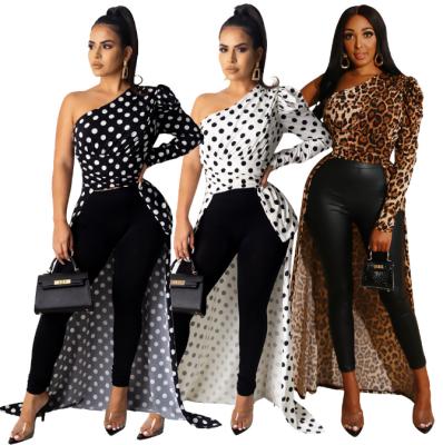 China New Designer Breathable Slanted Shoulder Breathable Hot Selling Leopard Printed Sexy Tops For Women Ladies Shirts Sheath Ladies Long Long Shirt Dress for sale