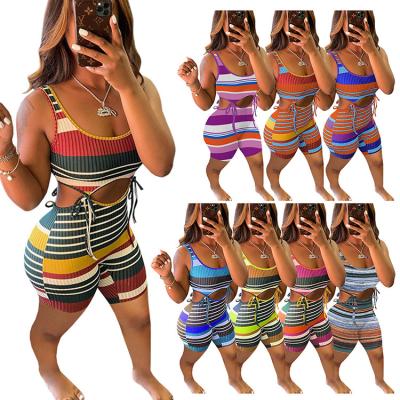 China New Design Cavity Bandage Chic Summer Stylish Striped Colorful QUICK DRY QUICK DRY Overalls For Women Knitted 1 Piece Overalls for sale