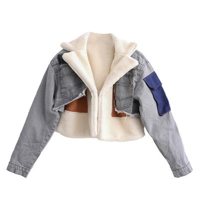 China 2022 High Quality Women's Anti-Wrinkle Faux Fur Coats Pockets Ladies Winter Jackets Warm Patchwork Coats Short Fur Jeans Jacket Women for sale