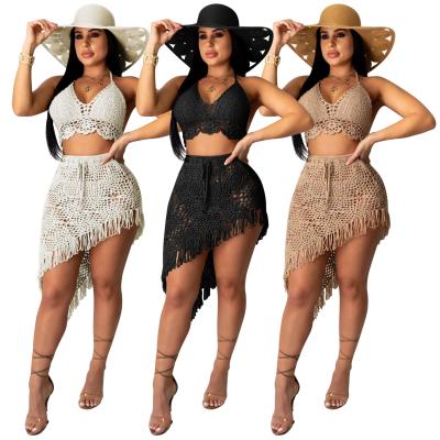 China 2021 Breathable Swimwear Cover Ups Crochet Swimwear Beachwear Handmade Blouse Women Swimwear Cover Up Skirt Two Piece Set for sale