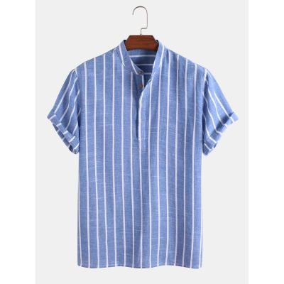 China Hot Selling Quality Cotton Summer Beach Men's Anti-pilling Shirts Loose Short Sleeve Clothing Button Up Print Striped Casual Shirts For Men for sale