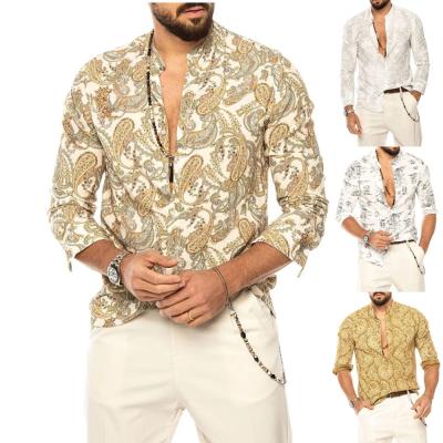 China Hot Selling Men's Casual Breathable V-Neck Casual Beach Fashion Style Vintage Clothing Buttons Printed Blouse For Men for sale