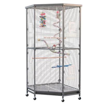 China Large Metal Pentagon Cage Viable Corner Parrot Cage Large Corner Parrot Aviary Bird Cage With Wheels for sale