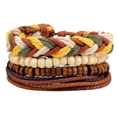 China Sweet Soft Feeling Round Beads Wood Simple Bracelet Leather String Beaded Multiple Jewelry Combination Bracelets DIY Compilation for sale