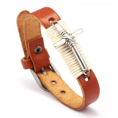 China Vintage Classic Wax Leather Rope Alloy Cross Bracelet Christ Soft Smooth Feeling Adjustable Bangle Bracelet for sale