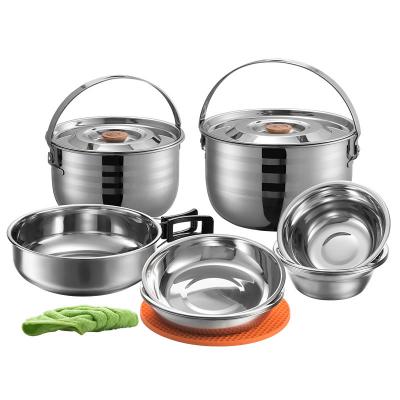 China Sustainable Outdoor Camping and Mountaineering Cooking Pot Set Stainless SteelMultifunctional 8-Person Picnic Set Stainless Steel Pot for sale