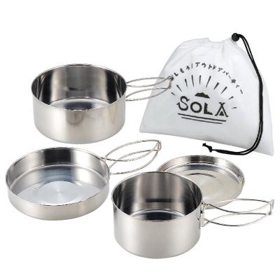 China Sustainable 4 Pieces Stainless Steel 410 Cookset Portable Camping Tableware Set Outdoor Multifunctional Cookware Set for sale