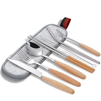 China Japanese Style Sustainable Wooden Handle Stainless Steel Cutlery Set Travel Camping Portable Outdoor Western Food for sale